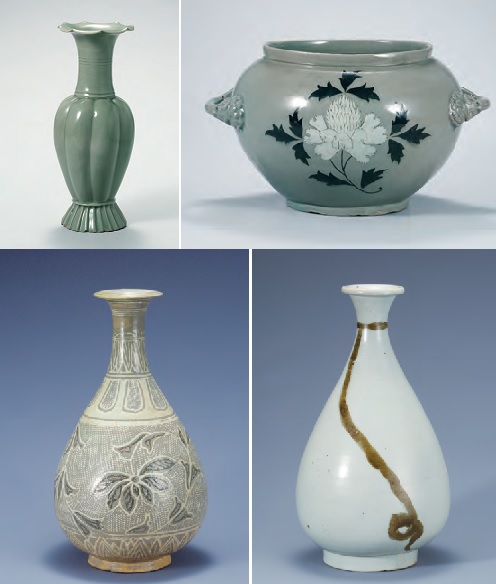 (Clockwise from left top) Celadon Melon-shaped Bottle (Goryeo, 12th century); Celadon Jar with Peony Design (Goryeo, 12th century); White Porcelain Bottle with String Design in Underglaze Iron (Joseon, 16th century); Buncheong Bottle with Lotus and Vine Design (Joseon, 15th century) (Source: National Museum of Korea)